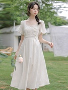 新中式连衣裙复古风长裙子改良旗袍盘扣收腰长裙气质少女泡泡袖