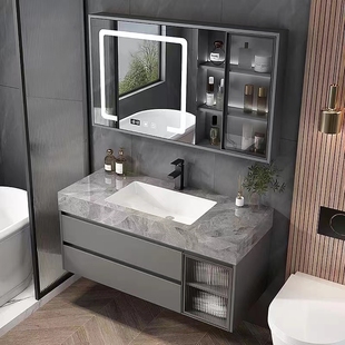 现代简约岩板无缝陶瓷一体，盆智能浴室柜，组合洗漱台洗手盆洗脸卫浴