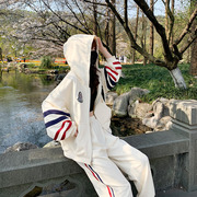 运动套装女韩版条纹连帽白色，短款卫衣外套宽松束脚休闲裤两件套潮