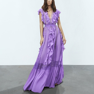 绝美紫色连衣裙夏海边度假长裙设计感小众荷叶边蕾丝仙女裙子