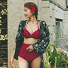 韩国泳衣女高腰遮肚脐显瘦分体比基尼性感，酒红色小胸钢托聚拢温泉