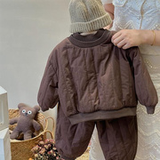 森系套装男童女童，绗棉双层领加绒两件套冬韩版儿童棉衣棉裤宝宝装