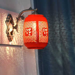 中式壁灯古典红陶瓷壁灯卧室走道过道门厅阳台灯壁灯中国红福字灯