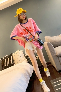 欧洲站夏款女装韩版宽松显瘦体恤，中长款纯棉卡通短袖，潮范字母t恤