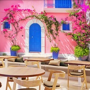 欧洲街景背景墙纸地中海风格墙布咖啡奶茶花店拍照壁画婚纱店壁纸