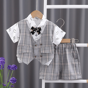 婴儿衣服夏季韩版帅气小西装短袖，两件套1一3周岁男宝宝表演服夏装
