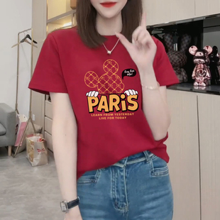 红色短袖T恤女2024夏季韩版宽松小众高级感时尚卡通减龄上衣