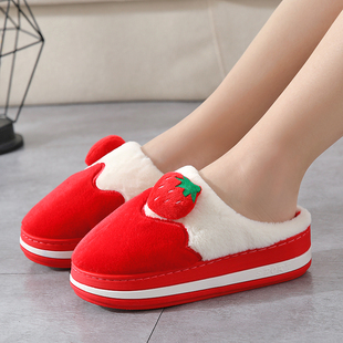 棉拖鞋女包跟厚底外穿韩版可爱草莓室内家用高跟拖鞋冬保暖月子鞋