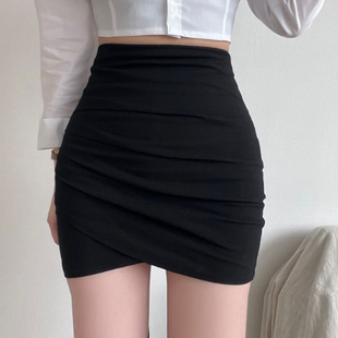 黑色短裙女春秋2024韩版半身裙，高腰紧身包臀性感不规则褶皱一步裙