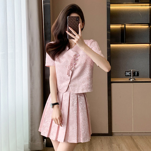 粉色新中式两件套连衣裙夏季法式甜美减龄小个子百褶短裙套装