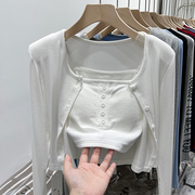 白色长袖t恤女春夏抹胸吊带小背心两件套装短款上衣女防晒开衫女