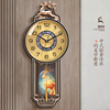 新中式挂钟家用静音摇摆石英钟表，时尚轻奢装饰挂表万年历(万年历)电子钟表