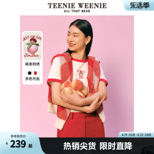 teenieweenie小熊2024年春装红色圆领，短袖棉t恤ins风短款上衣