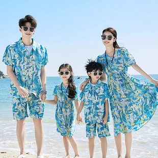 三亚海边沙滩亲子装母女连衣裙一家三口四口家庭装父子衬衣洋气夏