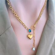欧美蓝色水滴锆石爱心项链，吊坠珍珠流苏，锁骨t恤链女钛钢保色