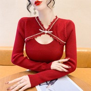 中国风盘扣毛衣女款2024秋冬蕾丝拼接设计感镂空长袖打底衫女