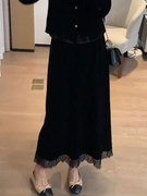 高定studio黑色蕾丝，拼接金丝绒半身裙女开叉，高级感时尚洋气中长裙