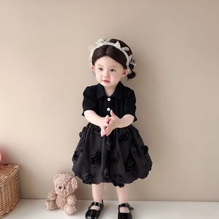 女童连衣裙夏装韩版婴幼童翻领立体花朵短袖公主裙洋气小礼服裙子