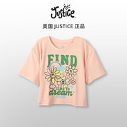 美国Justice短袖女2023夏季粉色宽松磨毛少女t恤上衣圆领百搭
