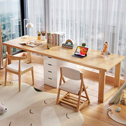实木双人书桌书柜组合现代简约台式电脑桌，家用卧室中小学生写字桌