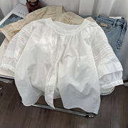 韩系温柔风宽松娃娃衫纯棉衬衫，女夏季蕾丝泡泡，袖短款圆领半袖上衣