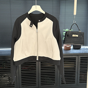 棒球服外套女设计感圆领，2023秋季韩系插肩袖拉链拼接短款夹克