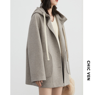 chicven「模糊边界」冬季连帽呢子大衣，羊毛中长款外套小个子