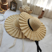 欧美海边度假草帽女波浪，边麦秆大檐沙滩帽，夏季遮阳防晒帽太阳帽子