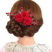 结婚婆婆头花新娘红色头饰玫瑰，金叶子(金叶子)花朵，发夹舞台演出盘发头花女