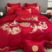 结婚床上用品四件套高档龙凤，刺绣雕花婚庆，大红色床单被套磨毛婚嫁