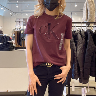 Calvin Klein CK女士夏季舒适弹力棉休闲时尚亮片LOGO圆领短袖T恤