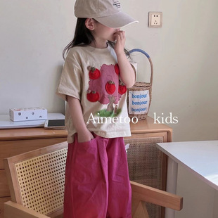 韩国童装2024夏季女童杏色卡通纯棉短袖t恤儿童玫红色宽松直筒裤