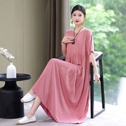 口袋连衣裙2025夏季新款大码宽松年轻显瘦妈妈纯色短袖气质长裙女
