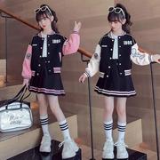 女童春秋季百褶裙运动套装2024韩版网红棒球，服洋气外套两件套