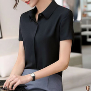 黑衬衫女夏季短袖职业装，韩版修身百搭大码工装学生雪纺，白衬衣(白衬衣)上衣