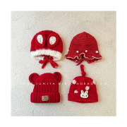 新年大红色秋冬款婴儿帽子可爱超萌兔子过年周岁女宝宝保暖护耳帽