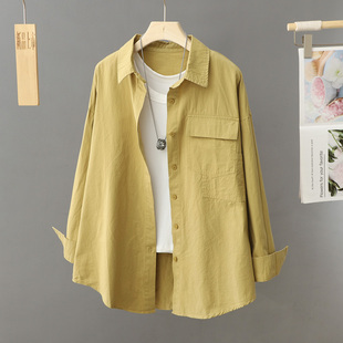 纯棉黄色长袖衬衫女2024年春季衬衣外套Polo领打底设计感上衣