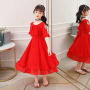 女童雪纺连衣裙夏季网红儿童公主裙洋气短袖纯色童装中大童裙