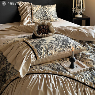 法式全棉贡缎床单四件套纯棉被套，罩印花复古风，花边高级感床上用品