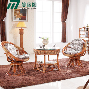 中式印尼真藤椅子茶几三件套藤编手工编织藤椅阳台庭院藤木桌椅