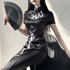 暗黑新中式复古黑色旗袍性感国风刺绣裙中长款礼服显身材连衣裙女