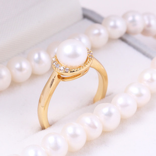 diy珍珠配件空托铜镀18k金天然(金天然)淡水微镶锆石珍珠戒指指环气质女