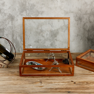 复古透明带盖展示木盒桌面木质，收纳盒玻璃盒整理盒防尘化妆品方形