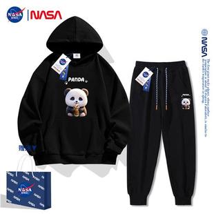 NASA联名熊猫连帽卫衣卫裤套装女秋冬季2023潮牌小个子两件套