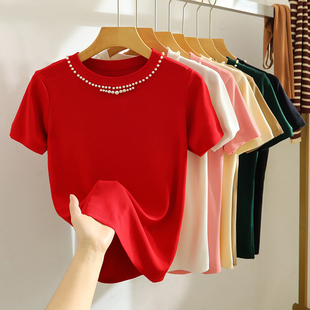 钉珠针织衫短袖t恤女夏薄款2024设计感别致红色，圆领上衣ins潮
