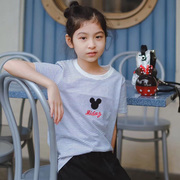 清货夏童装(夏童装)韩版中大女童卡通刺绣条纹短袖t恤衫上衣