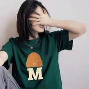 墨绿色简约韩版宽松短袖，t恤女2024夏季纯棉，小众设计感上衣潮