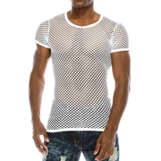 欧美夏季个性圆领镂空男t恤网眼，渔网透气洞洞衫休闲男团罩衫