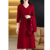 羊毛套装裙抽绳收腰显瘦红色圆领长袖针织衫毛衣裙两件套秋冬