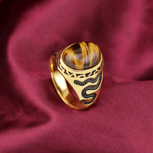 18K金色韩版复古男士戒指钛钢指环虎眼石食指戒子潮人时尚刻字